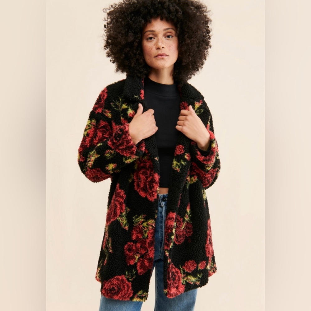 Anthropologie Rare Rose Sherpa Teddy Bear Coat Black Jacket Medium